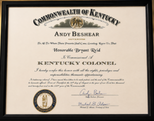 Kentucky Colonel commission honoring Bryant Reid by Governor Andy Beshear