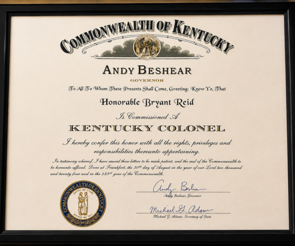 Kentucky Colonel commission honoring Bryant Reid by Governor Andy Beshear