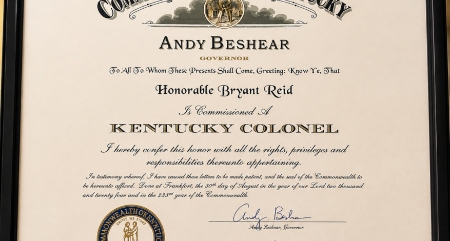 Kentucky Colonel commission honoring Bryant Reid by Governor Andy Beshear